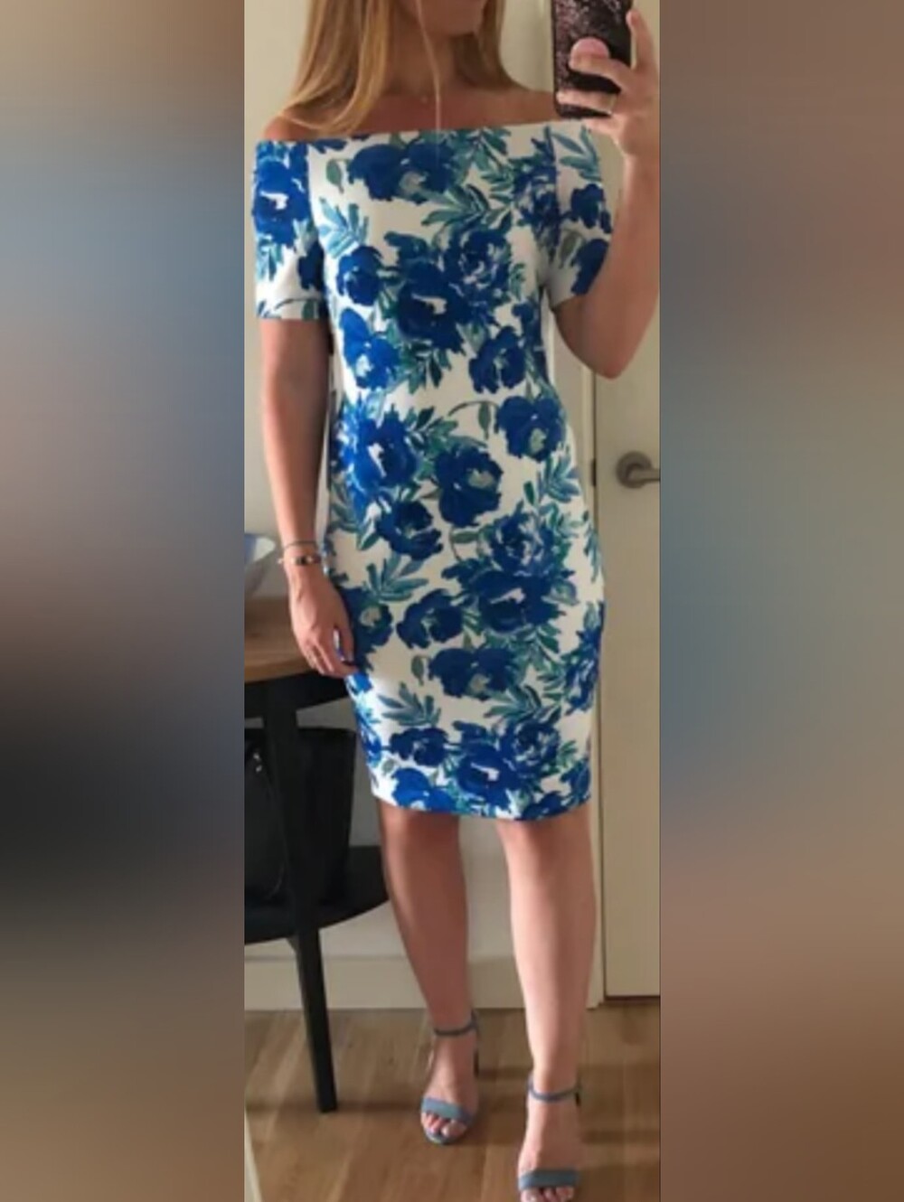 Dress Calvin Klein Women Size 6 Boat Neck Short Sleeves White Blue Floral New